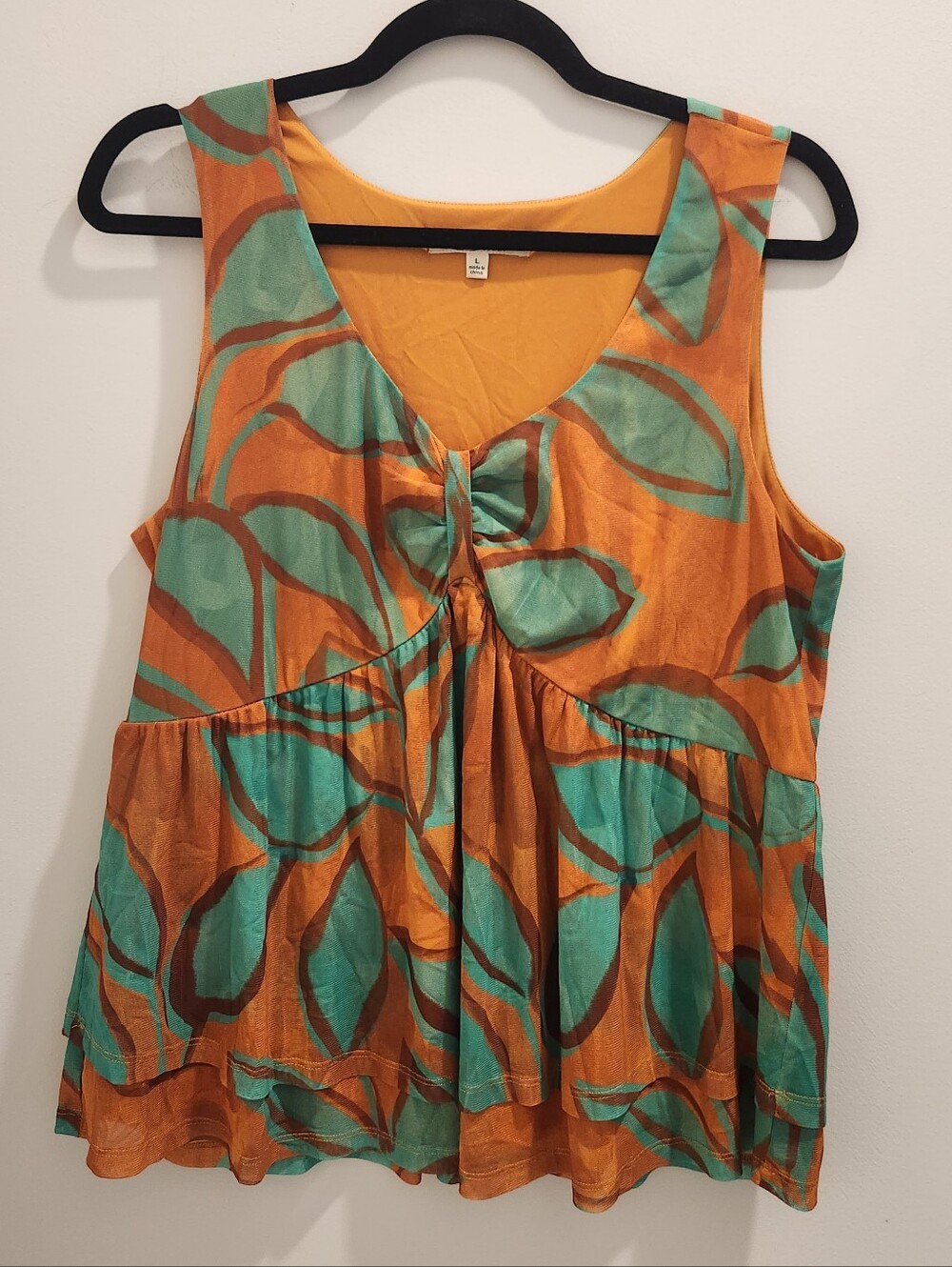 Sleeveless Babydoll V-Neck Tank Top - Orange & Teal Leaf Design